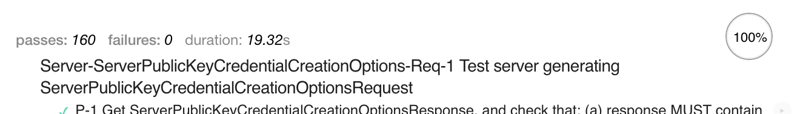 FIDO2 test results showing 160 passes and zero failures in approximately 19 seconds